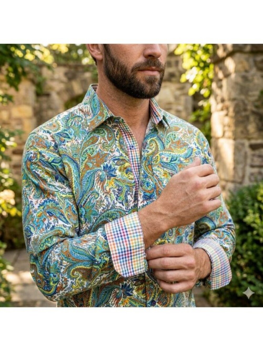 Alan Flusser Mens Size XL Tropical Blue Paisley Button Up Flip Cuff Shirt